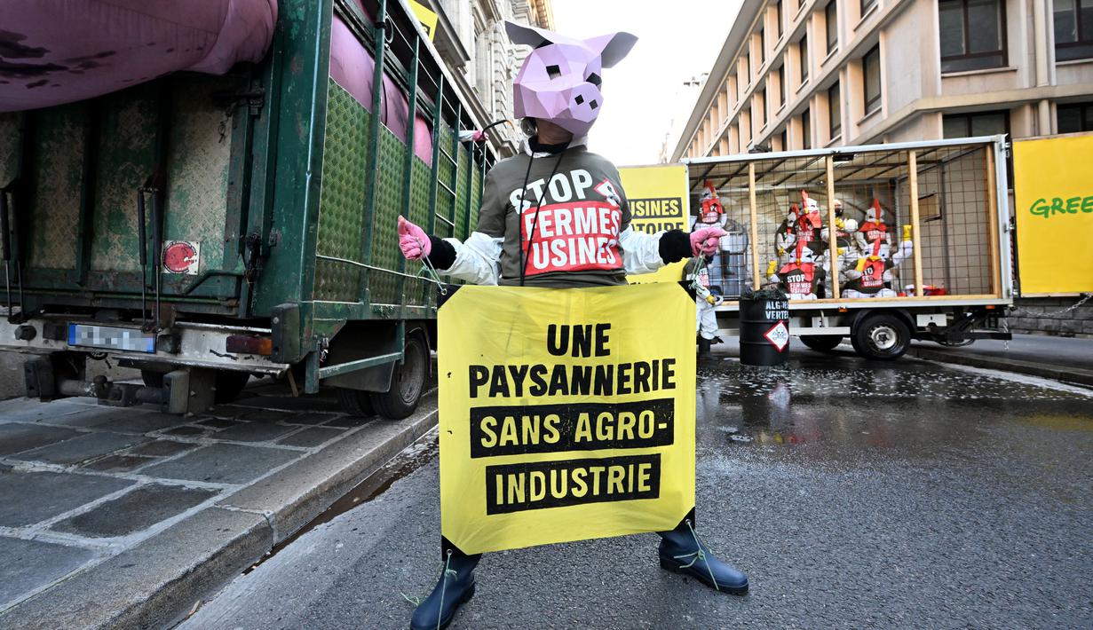 Seorang aktivis Greenpeace yang mengenakan topeng menyerupai hewan ternak melakukan aksi unjuk rasa di dekat Kementerian Pertanian Paris, pada 20 November 2023. (Miguel MEDINA/AFP)