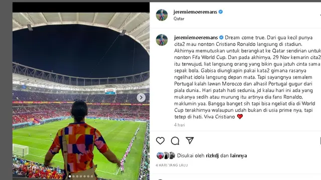 Jeremie Moeremans sempat nonton Piala Dunia 2022 di Qatar (Foto: IG Jeremie Moeremans)