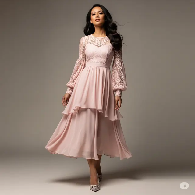 Model Baju Brokat Midi Dress Kombinasi Chiffon Terbaru.