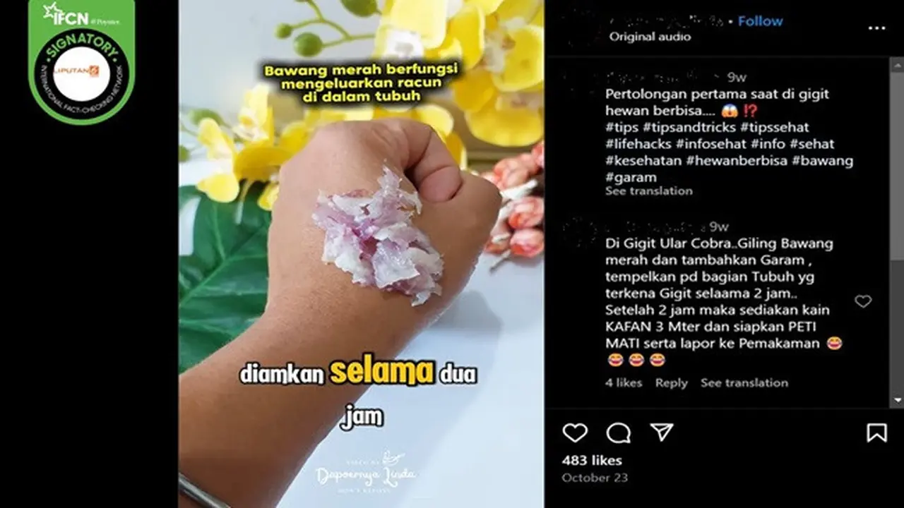 Gambar tangkapan layar klaim tentang bawang merah dapat menjadi obat untuk pertolongan pertama ketika digigit hewan berbisa. (sumber: Facebook)