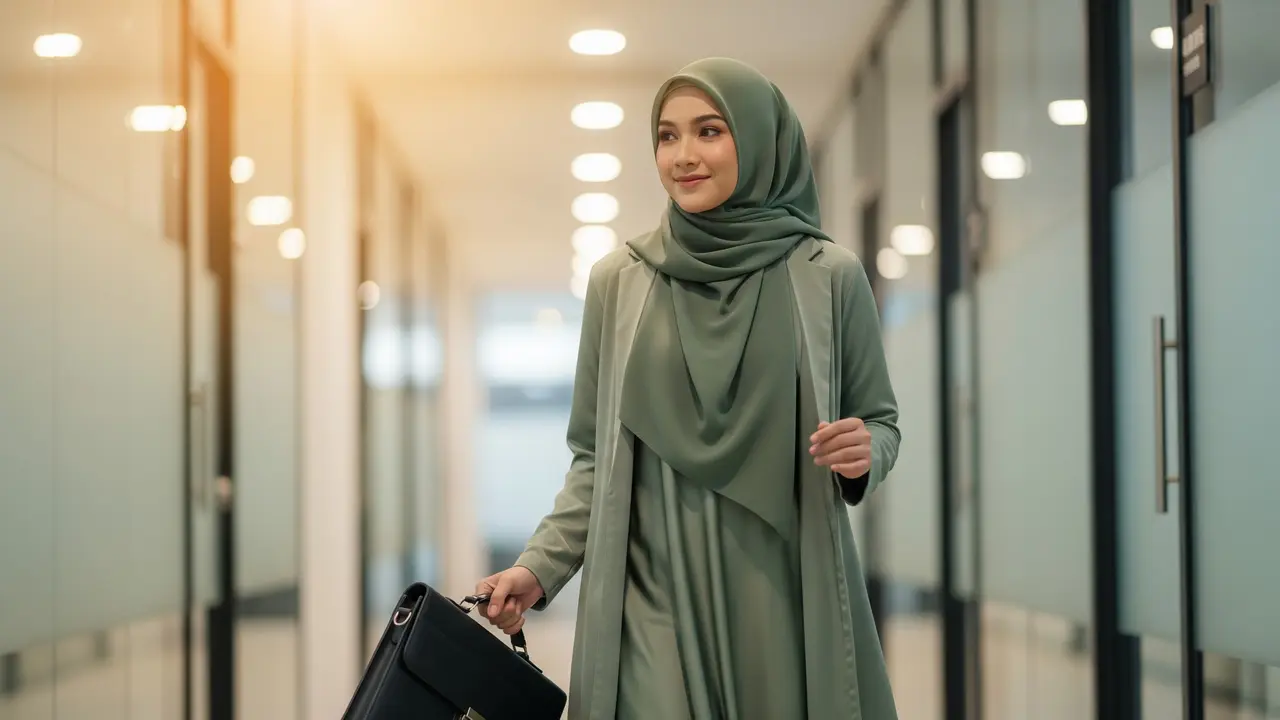 Gamis Satin Flowy dengan Outer Blazer Tipis Warna Senada