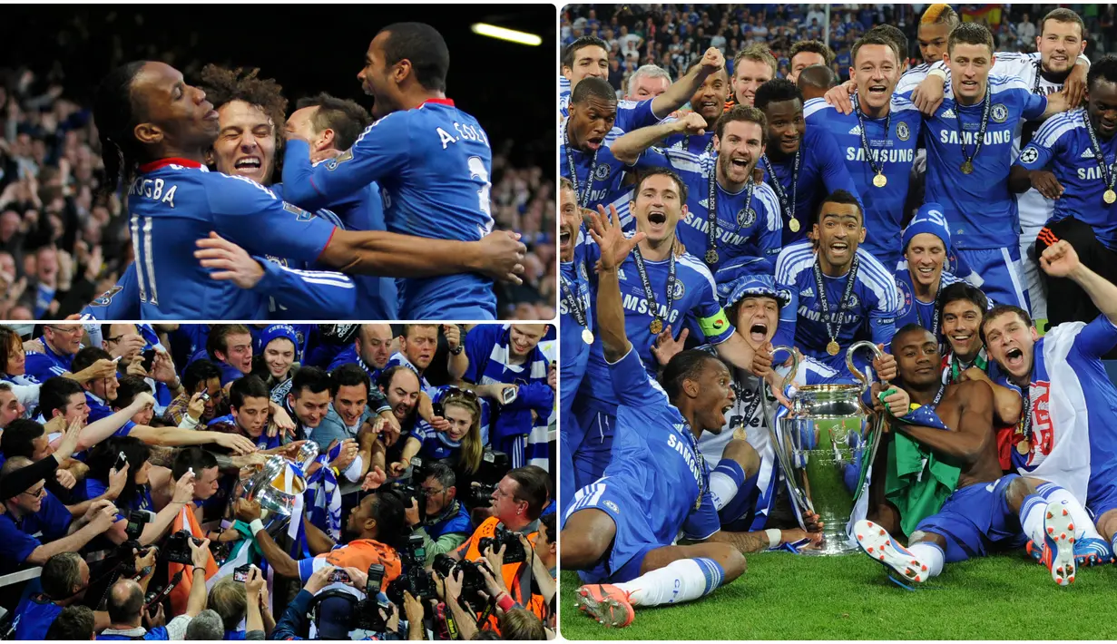 Chelsea pernah merasakan manisnya mengangkat trofi kasta tertinggi kompetisi antar klub Eropa usai mengalahkan Bayer Munchen di laga final Liga Champions pada 2012. Berikut pemain bintang chelsea ketika meraih trofi juara Liga Champions 2012. (kolase foto AFP)