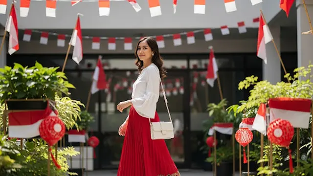 Rok Pleats Merah dengan Aksen Batik & Bell Blouse Putih