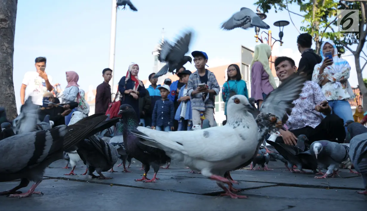 Warga melihat kawanan burung merpati di pelataran Museum Fatahillah, Jakarta, Selasa (19/6). Kemudahan transportasi dan biaya yang murah menjadikan kawasan ini sebagai lokasi favorit warga untuk menghabiskan waktu libur. (Liputan6.com/Helmi Fithriansyah)