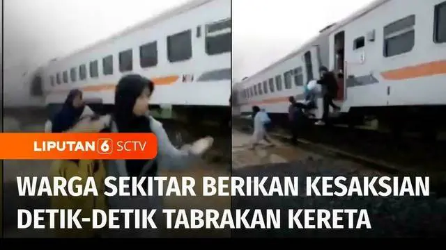 Sejumlah penumpang kereta lokal commuter line, Bandung Raya berhamburan menyelamatkan diri setelah kereta yang ditumpanginya bertabrakan dengan kereta api Turangga. Detik-detik mencekam saat terjadinya tabrakan kereta terekam kamera amatir warga.