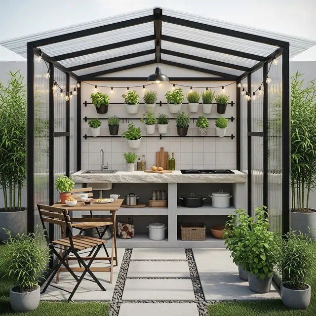 Dapur Kecil Semi Outdoor dengan Rangka Baja Ringan dan Tanaman Hias