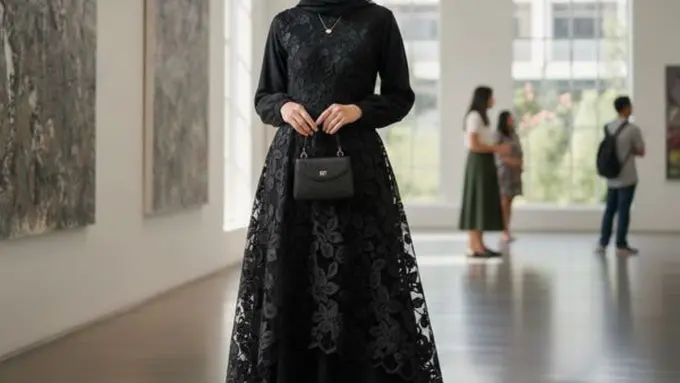 Gamis A-Line Hitam dengan Aksen Renda Manset/ Ilustrasi Gemini AI