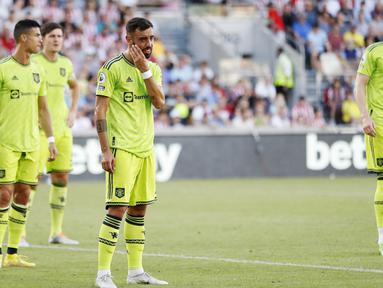 Manchester United (MU) kembali merana. Setan Merah hancur lebur dipermalukan tuan rumah Brentford empat gol tanpa balas pada pekan kedua Liga Inggris 2022/2023 di Gtech Community Stadium. (AFP/Ian Kington)