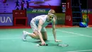 Pebulutangkis tunggal putra Denmark, Anders Antonsen gagal mengembalikan kok pada laga final Indonesia Masters 2024 melawan pebulutangkis Kanada, Brian Yang di Istora Senayan, Jakarta, Minggu (28/01/2024). (Bola.com/Bagaskara Lazuardi)