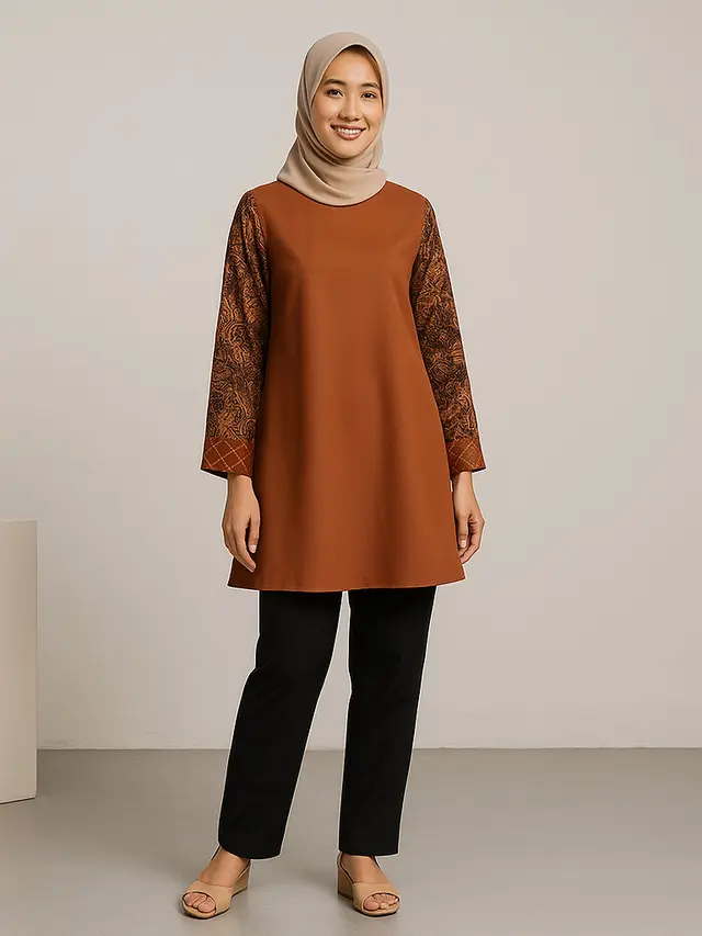 Model Tunik Batik Kombinasi Kain Polos Untuk Kerja/Ilustrasi Gambar AI