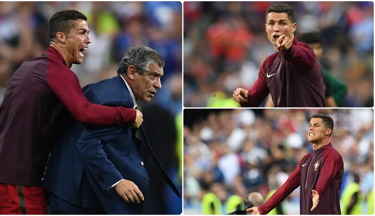 Cristiano Ronaldo pernah menjadi asisten pelatih dadakan dan membantu pelatih Portugal, Fernando Santos, saat Portugal berlaga di final Euro 2016. Berikut momen ketika Ronaldo menjadi asisten pelatih dadakan Portugal di final Euro 2016. (kolase foto AFP)