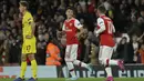 Penyerang Arsenal, Gabriel Martinelli (tengah) berselebrasi usai mencetak gol ke gawang Standard Liege pada lanjutan pertandingan grup F Liga Europa di Stadion Emirates, London (3/10/2019). Martinelli mencetak dua gol dan mengantar Arsenal menang telak 4-0. (AP Photo/Matt Dunham)