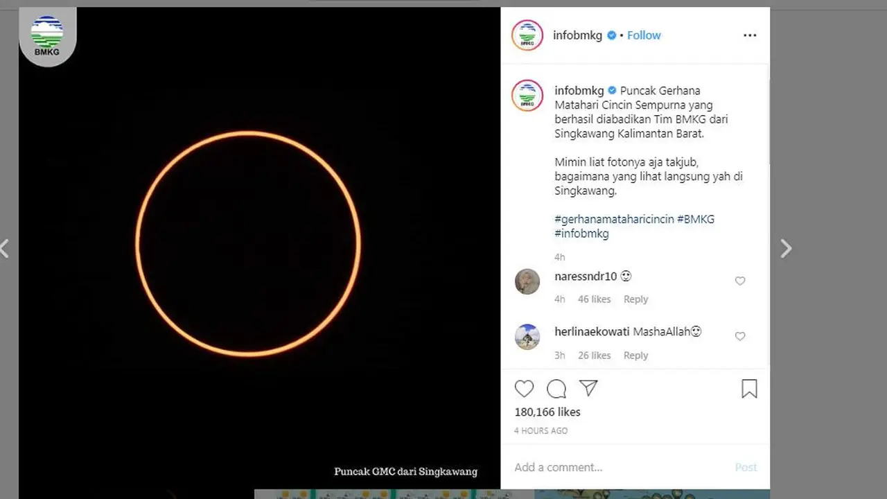 Melalui akun Instagram @infobmkg, BMKG mengunggah foto Gerhana Matahari Cincin yang sempurna di Kota Singkawang, Kalimantan Barat.