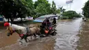 Sejumlah orang menggunakan jasa delman untuk melewati banjir di kawasan Kelapa Gading, Jakarta, Selasa (10/2/2015). Hujan yang turun sejak Minggu (8/2) lalu, membuat sejumlah ruas jalan di ibukota banjir. (Liputan6.com/Faizal Fanani)