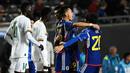Pemain Timnas Jepang U-20 merayakan kemenangan atas senegal pada laga pertama Grup C Piala Dunia U-20 2023 di Estadio Unico Diego Armando Maradona stadium in La Plata, Argentina, on May 21, 2023. (AFP/Luis Robayo)