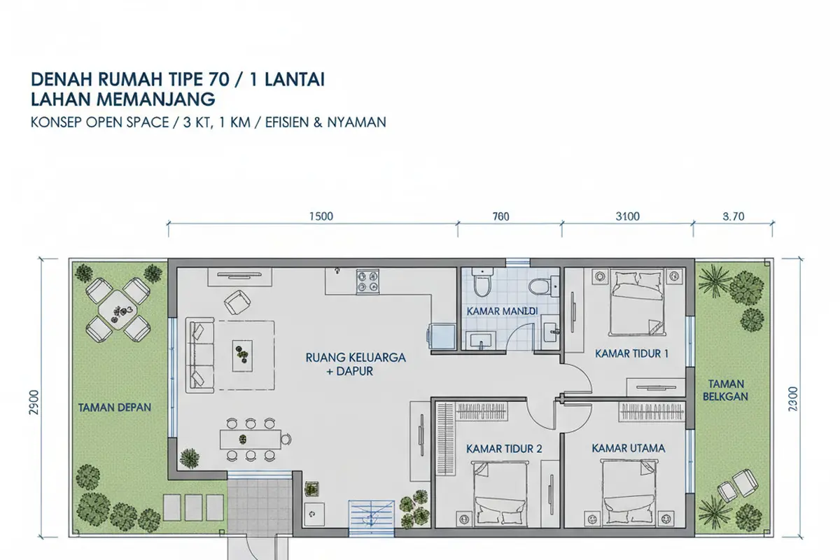 Desain Rumah Tipe 70 di Tanah Memanjang. Gemini