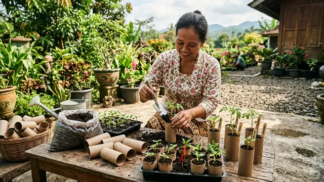 Daur Ulang Gulungan Tisu Toilet Bekas untuk Tanaman (AI Generated)