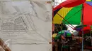 Denah saluran air terpampang di lokasi revitalisasi, Pasar Kramatjati, Jakarta, (23/10/2015). Dalam revitalisasi ini bangunan induk tidak dibongkar, hanya instalasi listrik, atap, rolling door, dan saluran air yang diperbaiki. (Liputan6.com/Yoppy renato)
