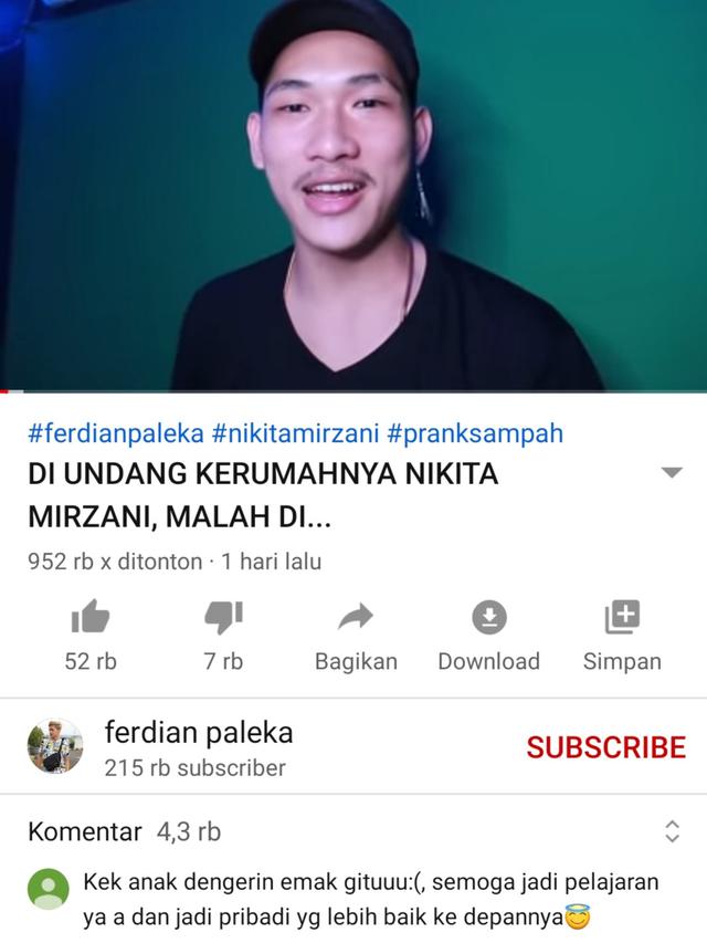 Unggahan Ferdian Paleka. (Foto: YouTube Ferdian Paleka)