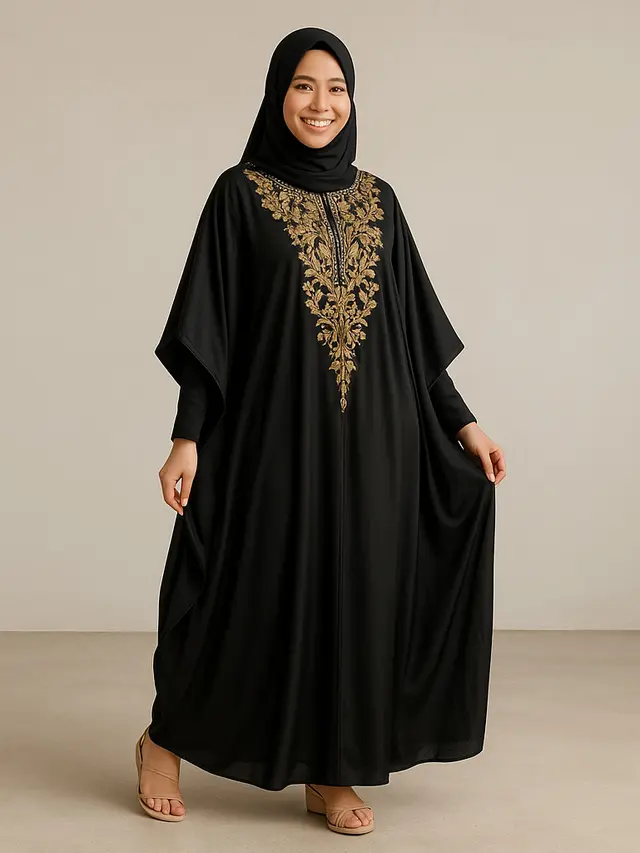 Model Gamis Hitam Kombinasi Bordir/Ilustrasi AI