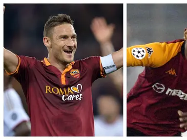 Francesco Totti adalah legenda AS Roma. Ia menghabiskan seluruh kariernya di I Lupi karena rasa cintanya yang teramat besar kepada klub. Ia juga memegang rekor sebagai pemain tertua yang pernah memperkuat AS Roma. Siapa saja pemain yang lain? (Kolase Foto AFP)