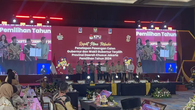 KPU Jakarta resmi menetapkan calon gubernur-calon gubernur nomor urut 3 Pramono Anung-Rano Karno (Si Doel) sebagai Gubernur-Wakil Gubernur Jakarta terpilih periode 2025-2029.
