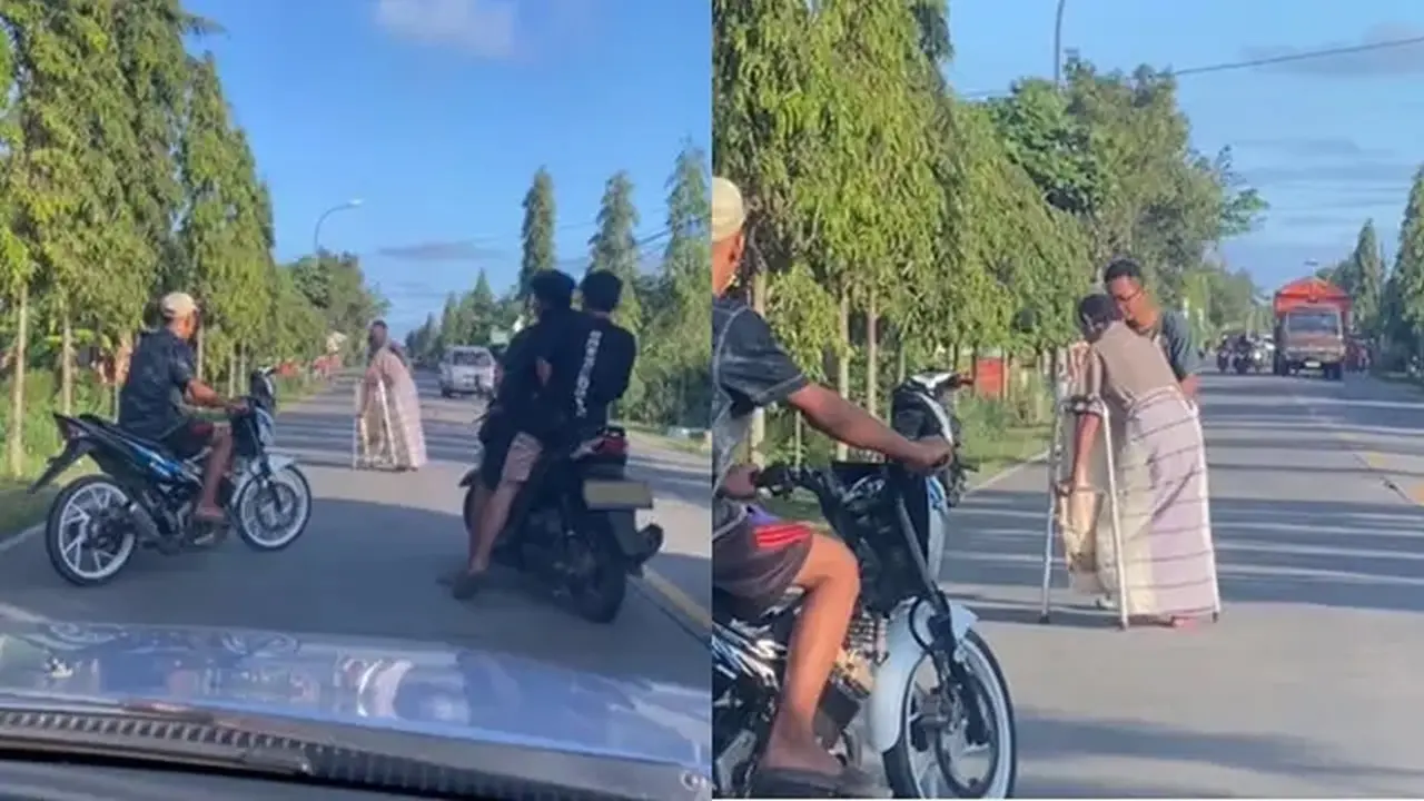 Beberapa Pemuda Blokir Jalan untuk Bantu Bapak Sakit Menyeberang, Netizen: Motor Trondol tapi Hatinya Tidak