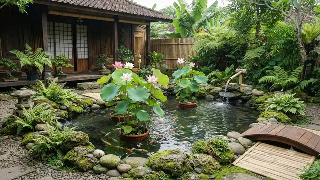 Tanaman air yang cocok untuk kolam mini bergaya Jepang model dengan tanaman lotus