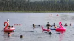 Anak-anak bermain dengan ban karet di Danau Angsa di Anchorage, Alaska (5/7/2019). Suhu pada hari Kamis, 4 Juli, mencapai 90 derajat untuk pertama kalinya di Anchorage dan cuaca panas diperkirakan akan berlanjut hingga minggu depan. (AP Photo/Mark Thiessen)