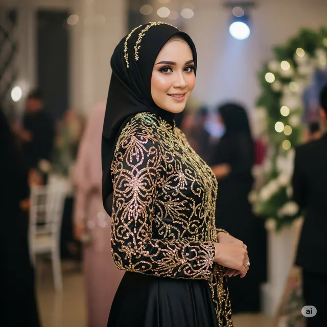Gamis Satin Hitam + Payet Emas