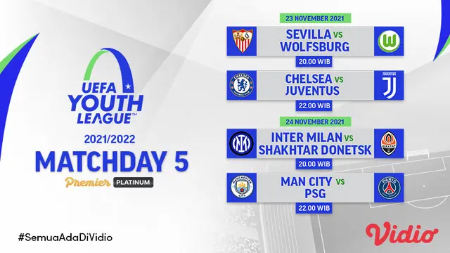 Link Live Streaming UEFA Youth League 2021/2022 Matchday 5 di Vidio Pekan Ini