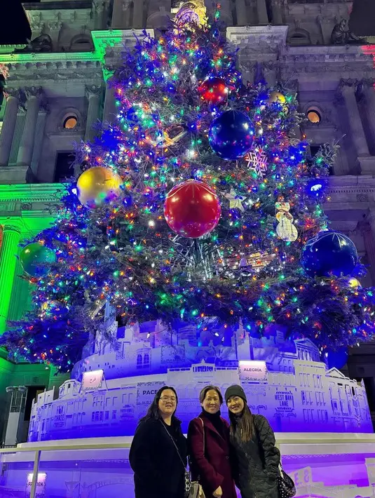Natasha Wilona bersama ibunda dan saudara perempuan memilih Amerika Serikat untuk merayakan Natal tahun ini. Berfoto di depan pohon Natal, Natasha mengenakan jaket dan bennie hitam. [@natashawilona12]