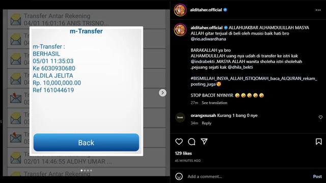 Bukti transfer Rp 10 juta yang diunggah Aldi Taher untuk membantu Indra Bekti (Instagram)