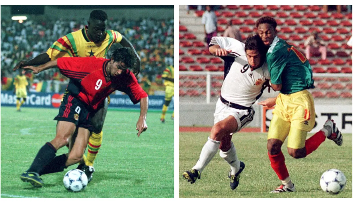 Aksi pemain Spanyol, Pablo Counago saat menghadapi Ghana (kiri) dan Mali pada laga perempatfinal dan semifinal Piala Dunia Remaja 1999 di Ahmadou Bello Stadium, Nigeria, 18 dan 21 April 1999. Pablo Counago berhasil meraih gelar top skor Piala Dunia U-20 pada edisi 1999 saat masih bernama Piala Dunia Remaja di Nigeria dengan raihan 5 gol bersanding dengan pemain Mali, Mahamadou Dissa. Spanyol sendiri sukses meraih gelar juara setelah menang 4-0 atas Jepang pada partai final. (Kolase AFP/Seyllou)