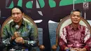Anggota Fraksi MPR Partai Golkar yang juga Ketua Komisi II DPR RI, Zainudin Amali bersama Komisioner KPU RI, Wahyu Setiawan menjadi pembicara diskusi 4 Pillar MPR RI di Kompleks Parlemen Senayan, Jakarta, Senin (27/8).(Liputan6.com/JohanTallo)
