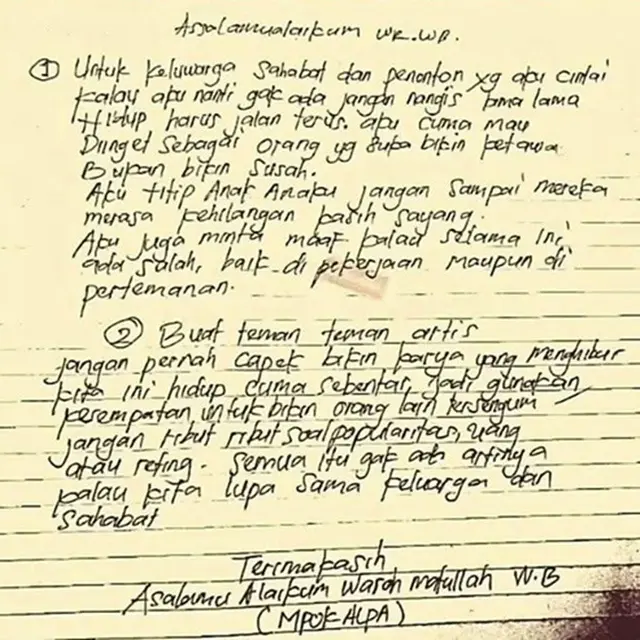 Beredar Surat Wasiat Tulisan Tangan Almarhumah Mpok Alpa