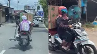 Tak Ada Lawan, Ibu-Ibu Bonceng Anak Sambil Bawa Kipas Angin Besar yang Sudah Dirakit  (TikTok/@penceritaaaa)