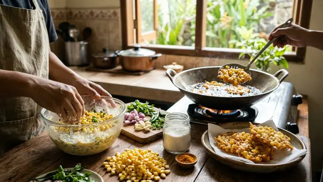 Cara Membuat Bakwan Jagung Tetap Renyah tanpa Lapisan Tepung Terlalu Tebal (AI Generated)
