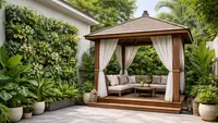 7 Desain Teras Rumah 6x9 dengan Gazebo Kayu dan Tanaman Tropis