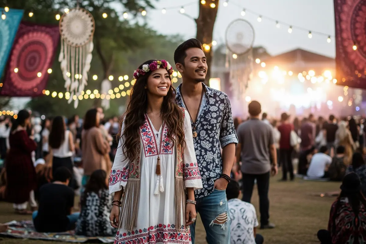 Prompt AI Edit Foto Festival Musik Gaya Boho Outdoor