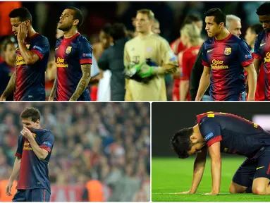 Barcelona pernah merasakan kelahan telak hingga 7 gol tanpa balas oleh Bayern Munchen saat berlaga di kompetisi Liga Champions. Berikut momen pembantaian 7-0 Bayern Munchen atas Barcelona di Liga Champions 2012/13. (kolase foto AFP)