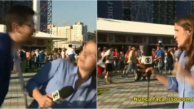 Seorang penonton Piala Dunia 2018 tiba-tiba menghampiri seorang reporter wanita asal Brasil dan mencoba menciumnya.