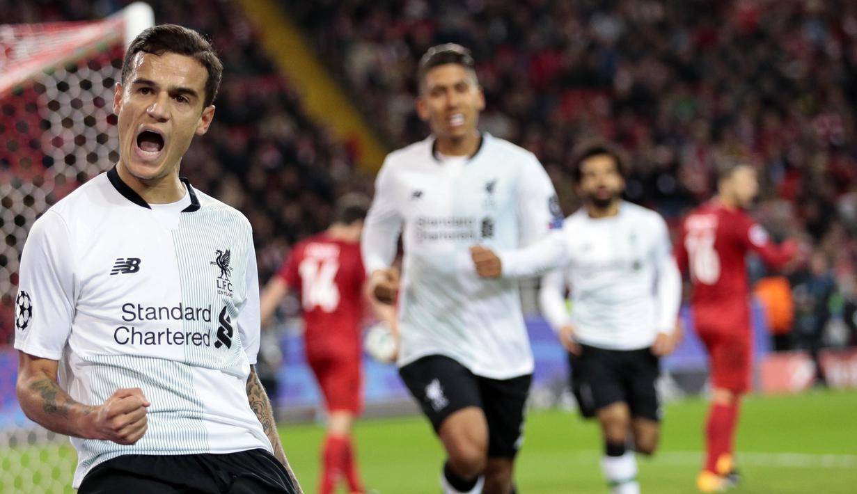 Gelandang Liverpool, Philippe Coutinho, merayakan gol yang dicetaknya ke gawang Spartak Moscow pada laga Liga Champions di Stadion Otkrytie Arena, Moskow, Selasa (26/9/2017). Kedua klub bermain imbang 1-1. (AP/Ivan Sekretarev)