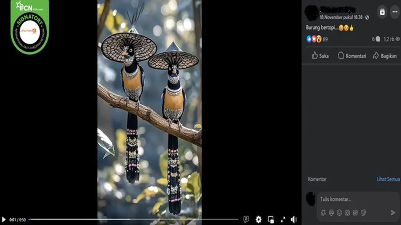 Gambar tangkapan layar video yang diklaim burung bertopi. (sumber: Facebook)