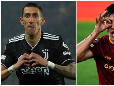 Foto kolase selebrasi pemain Juventus Angel Di Maria (kiri) setelah mencetak hattrick ke gawang Nantes dan selebrasi pemain AS Roma, Paulo Dybala (kanan) setelah mencetak gol penentu saat menjamu Salzburg dalam laga leg kedua play-off babak Liga Europa 2022/2023, Jumat (24/2/2023). (AP Photo/Mathieu Pattier, AFP/Filippo Monteforte)