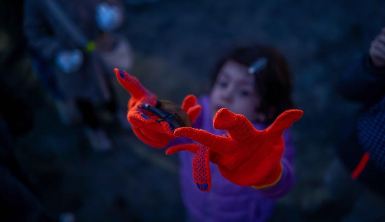 Ratusan kelelawar dilepasliarkan pada acara tersebut. Tampak dalam foto, seorang gadis melepaskan kelelawar yang diselamatkan selama upacara pengembalian kelelawar ke alam liar di Kyiv, Ukraina, Sabtu, 4 April 2026. (AP Photo/Dan Bashakov)