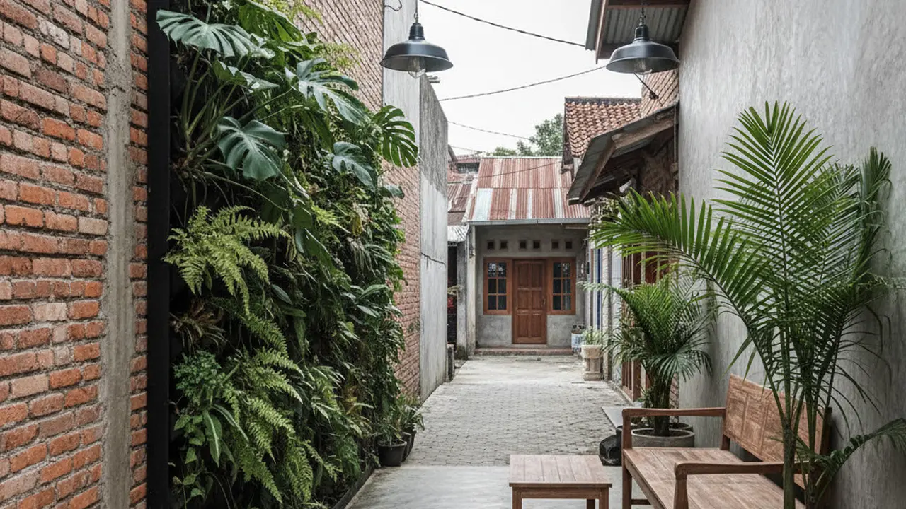 Teras Rumah di Gang Sempit dengan Konsep Tropical-Industrial Terbaru 2025. Gemini