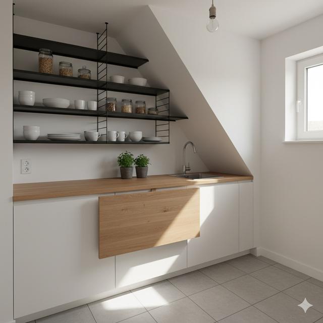 Dapur Bawah Tangga dengan Rak Besi dan Pencahayaan Natural 2025. Gemini