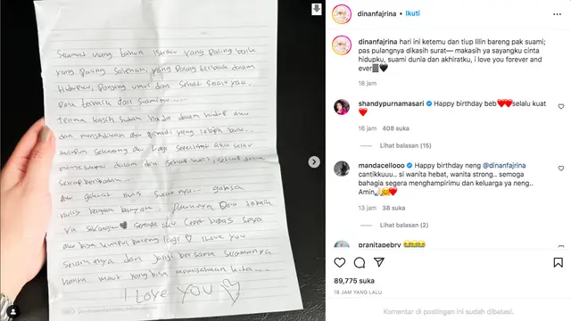 Surat Doni Salamanan dari Penjara untuk Sang Istri yang Berulang Tahun. (instagram.com/dinanfajrina)