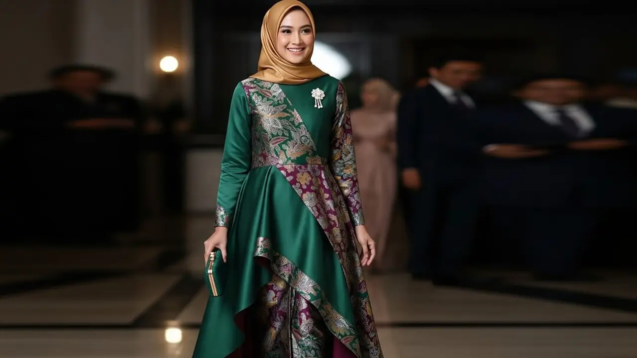 Gamis Batik Kombinasi Satin untuk Pesta Resmi dan Semi Formal